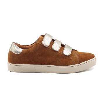vue exterieur baskets scratch cuir daim cognac metallise dore jules & jenn