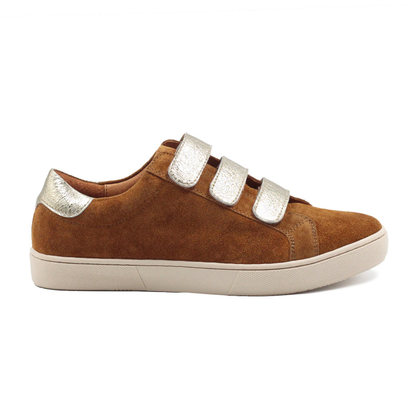 vue exterieur baskets scratch cuir daim cognac metallise dore jules & jenn