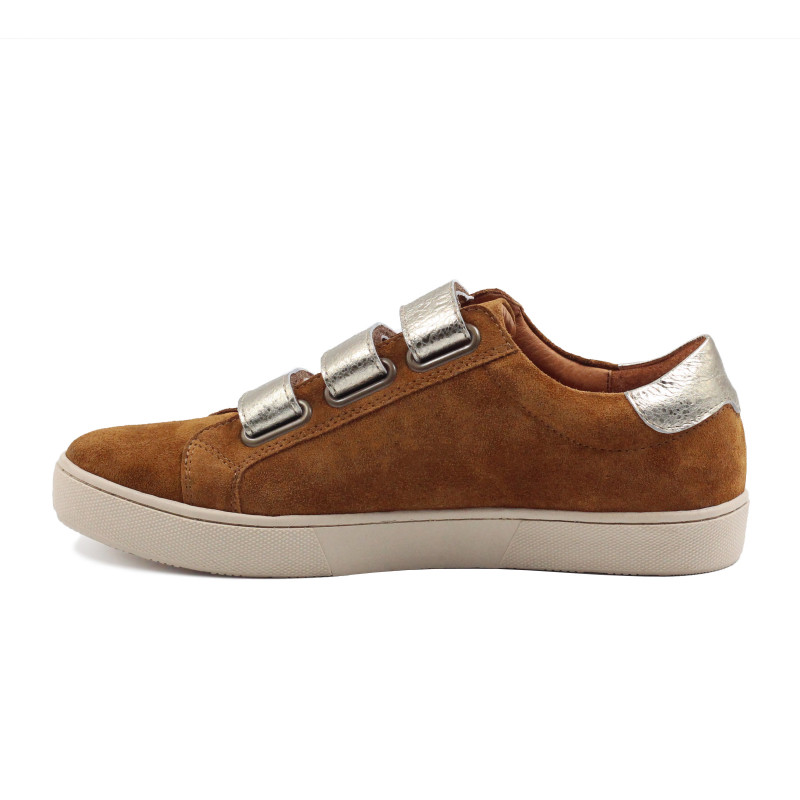 vue interieur baskets scratch cuir daim cognac metallise dore jules & jenn