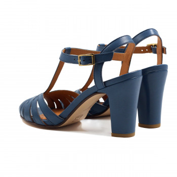 vue arriere sandales talon brides cuir bleu denim jules & jenn