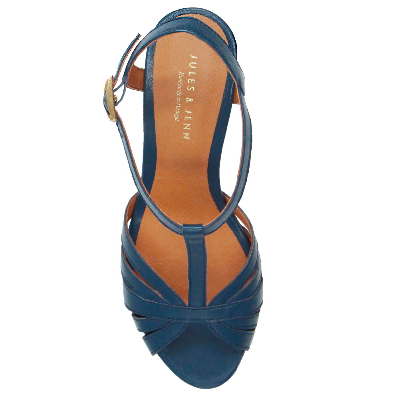 vue dessus sandales talon brides cuir bleu denim jules & jenn