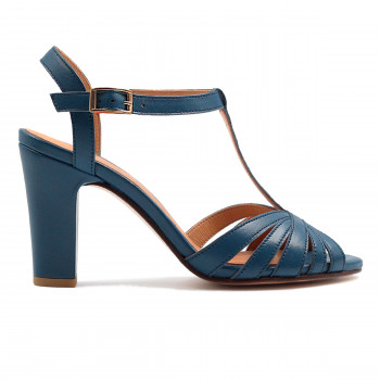 vue exterieur sandales talon brides cuir bleu denim jules & jenn