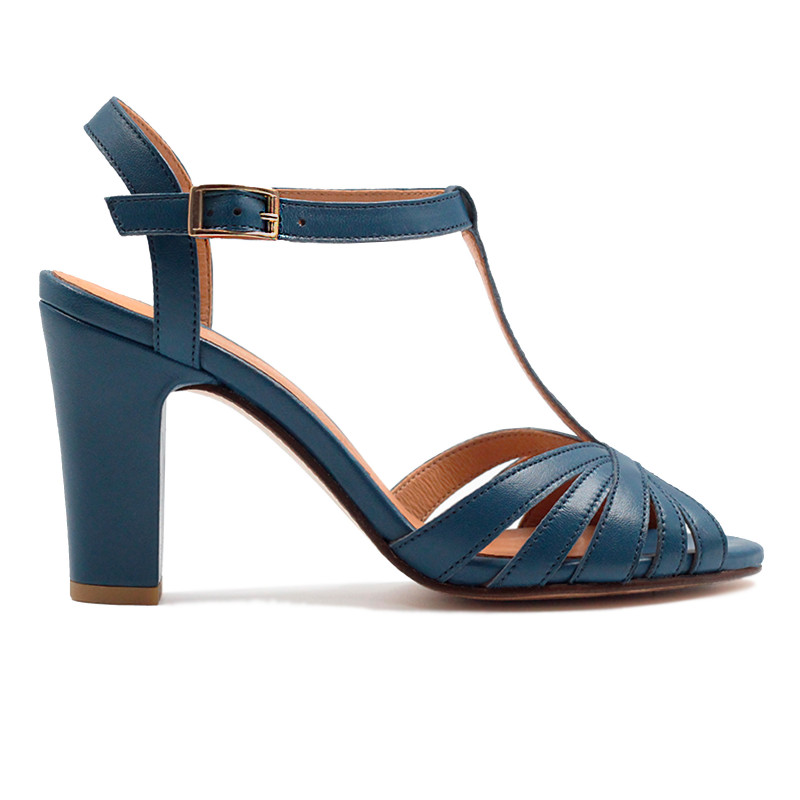vue exterieur sandales talon brides cuir bleu denim jules & jenn