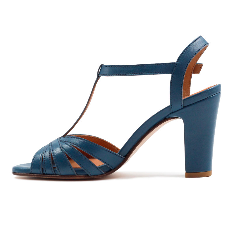 vue interieur sandales talon brides cuir bleu denim jules & jenn