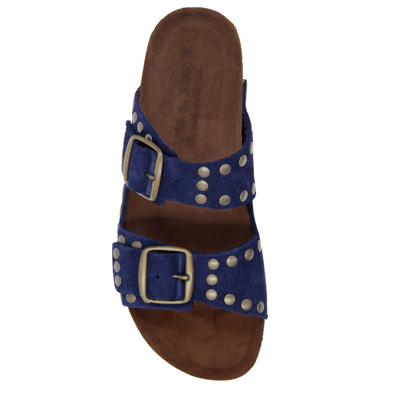 vue dessus mules liege cloutees cuir daim bleu jules & jenn