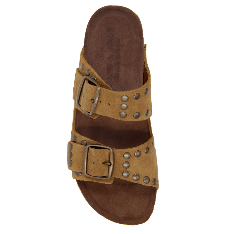 vue dessus mules liege cloutees cuir daim camel jules & jenn