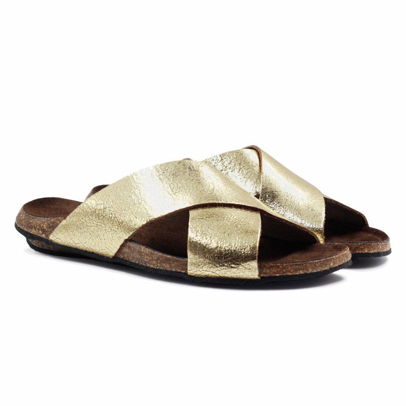 mules liege croisees cuir metallise dore jules & jenn