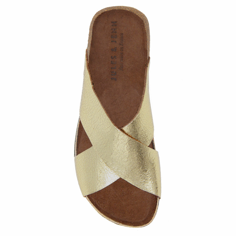 vue dessus mules liege croisees cuir metallise dore jules & jenn