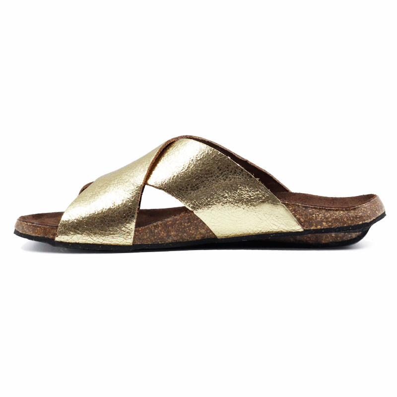 vue interieur mules liege croisees cuir metallise dore jules & jenn