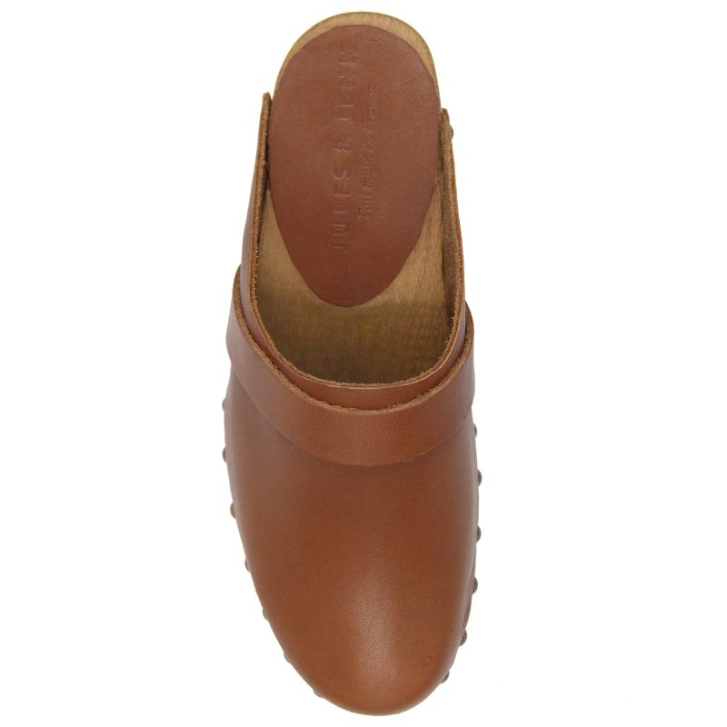 vue dessus sabots bois cuir cognac jules jenn