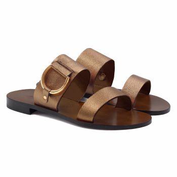 sandales plates boucle cuir metallise bronze jules & jenn