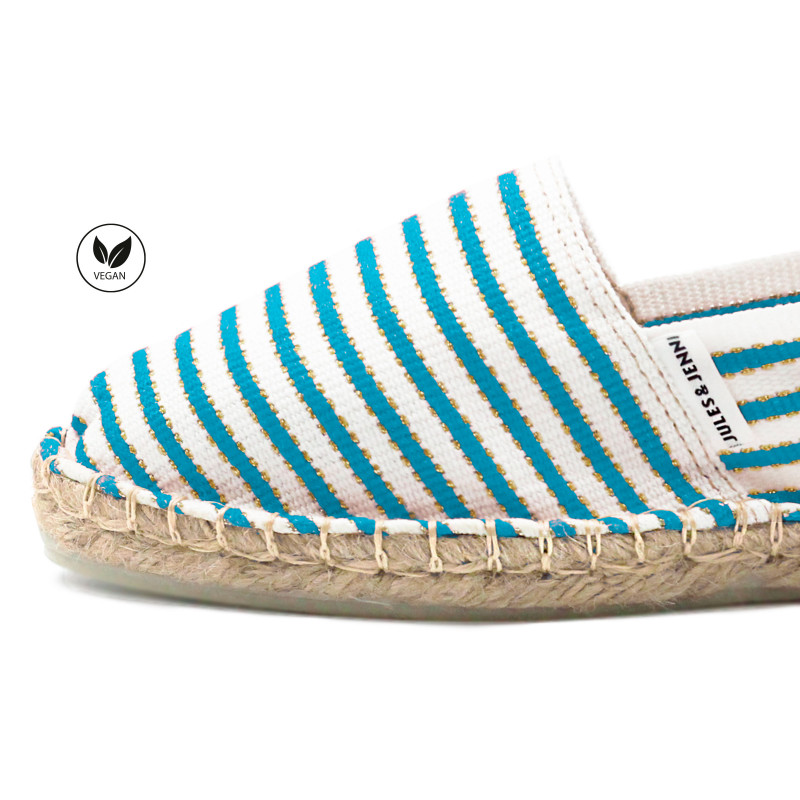 vue zoomee espadrilles toile coton turquoise dore jules & jenn