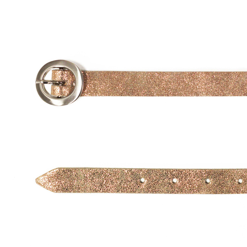 vue dessus ceinture fine cuir rose metallise jules & jenn