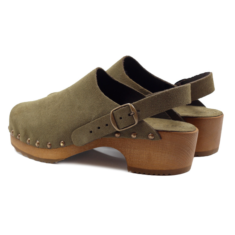vue arriere sabots bois brides cuir daim kaki jules & jenn
