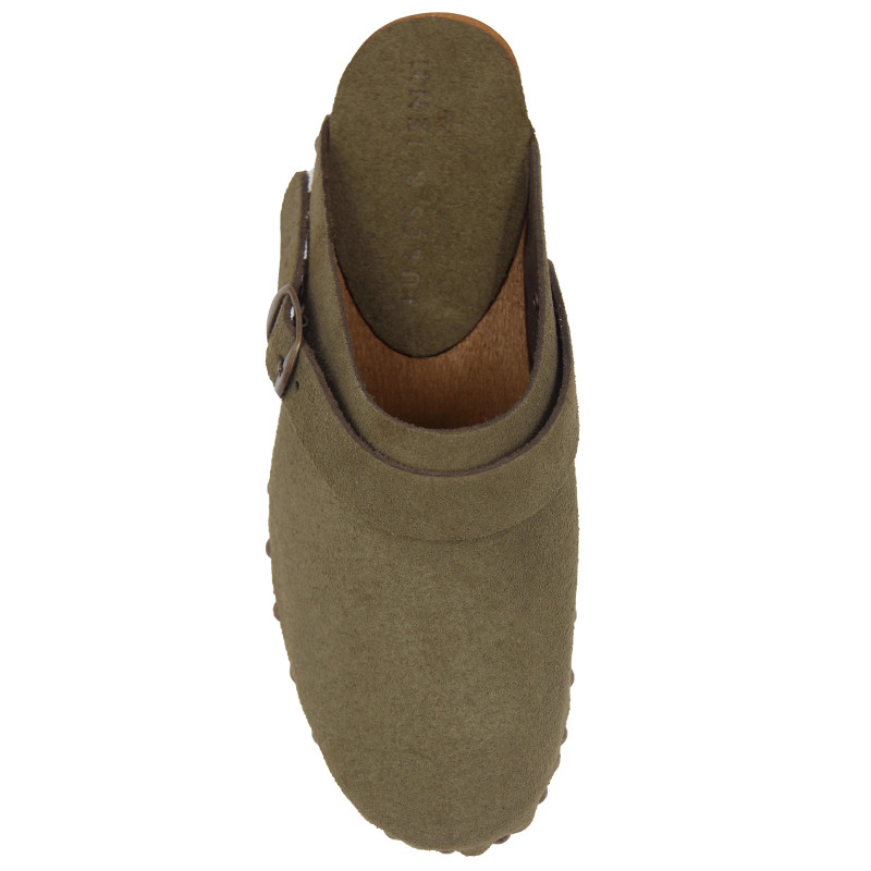 vue dessus sabots bois brides cuir daim kaki jules & jenn