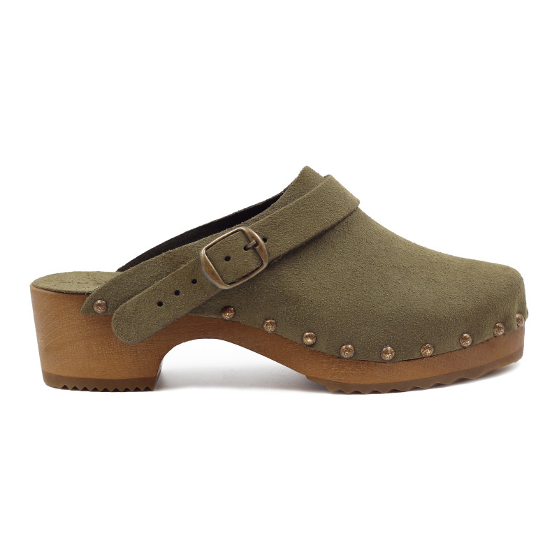 vue exterieure sabots bois brides cuir daim kaki jules & jenn
