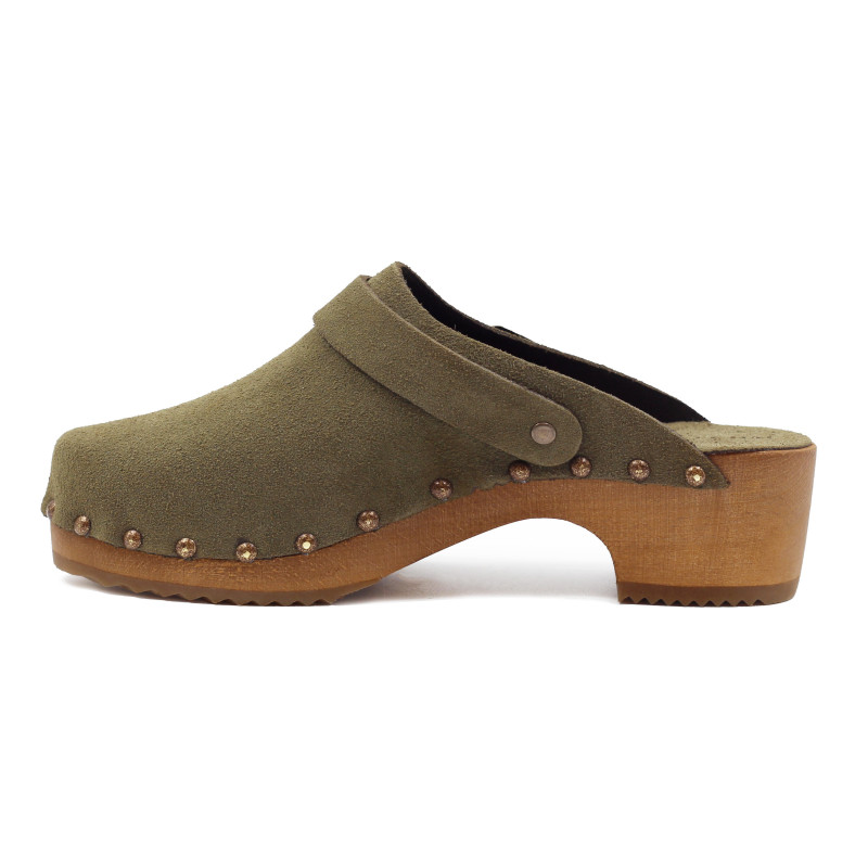 vue interieure sabots bois brides cuir daim kaki jules & jenn