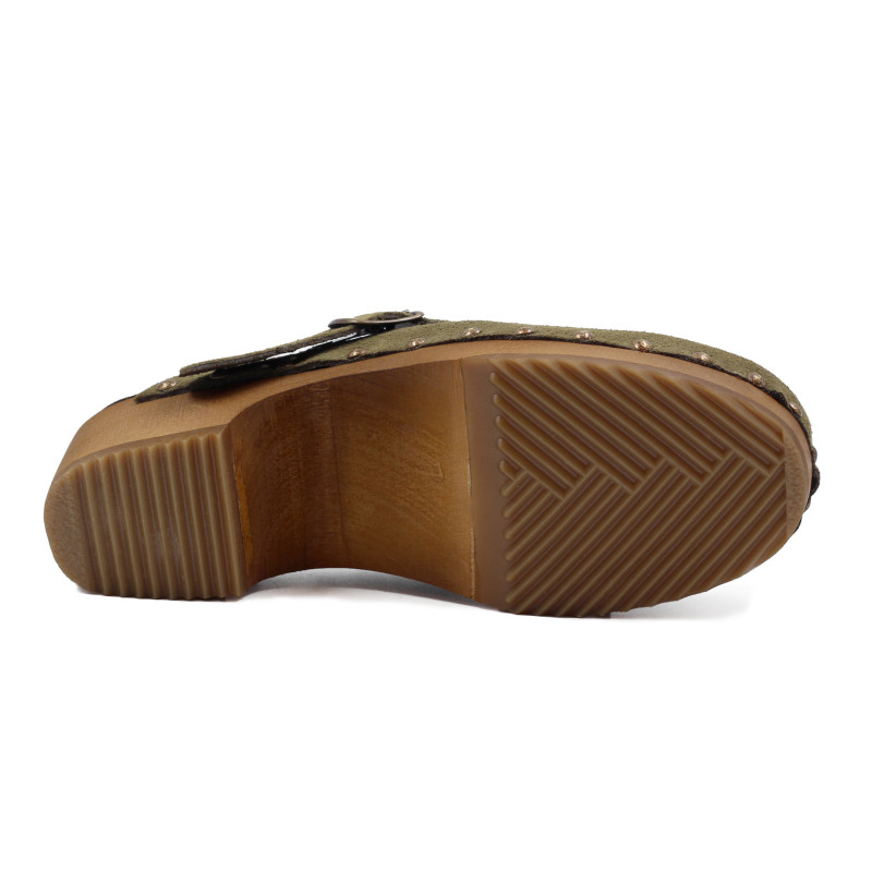 vue dessous sabots bois brides cuir daim kaki jules & jenn
