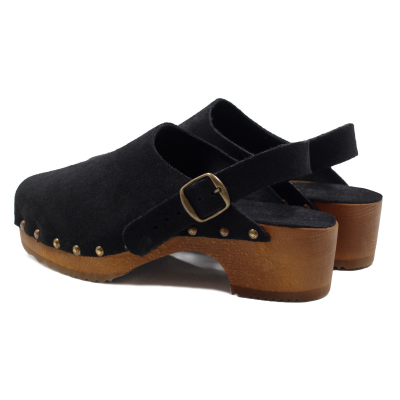 vue arriere sabots bois brides cuir daim noir jules & jenn