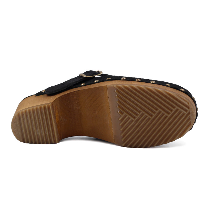 vue dessous sabots bois brides cuir daim noir jules & jenn