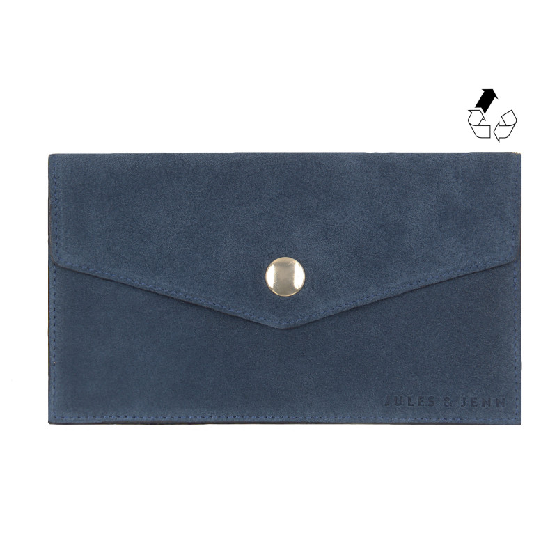 pochette enveloppe cuir daim upcycle bleu jules & jenn