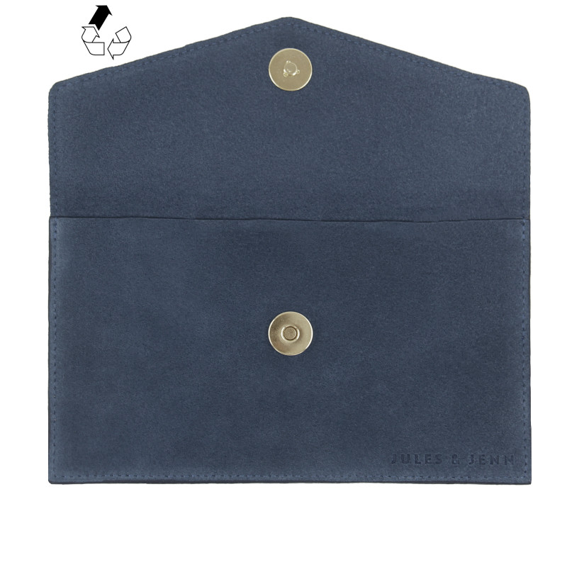 vue dessus pochette enveloppe cuir daim upcycle bleu jules & jenn