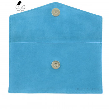 vue dessus pochette enveloppe cuir daim upcycle bleu azur jules & jenn