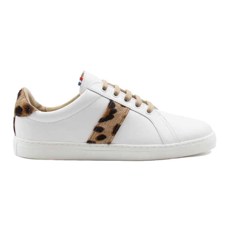 vue profil baskets made in france cuir blanc cuir imprime leopard jules & jenn