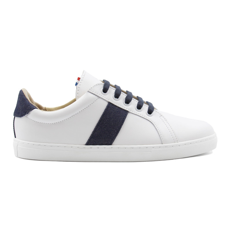 vue profil baskets made in france cuir blanc cuir toile denim jules & jenn