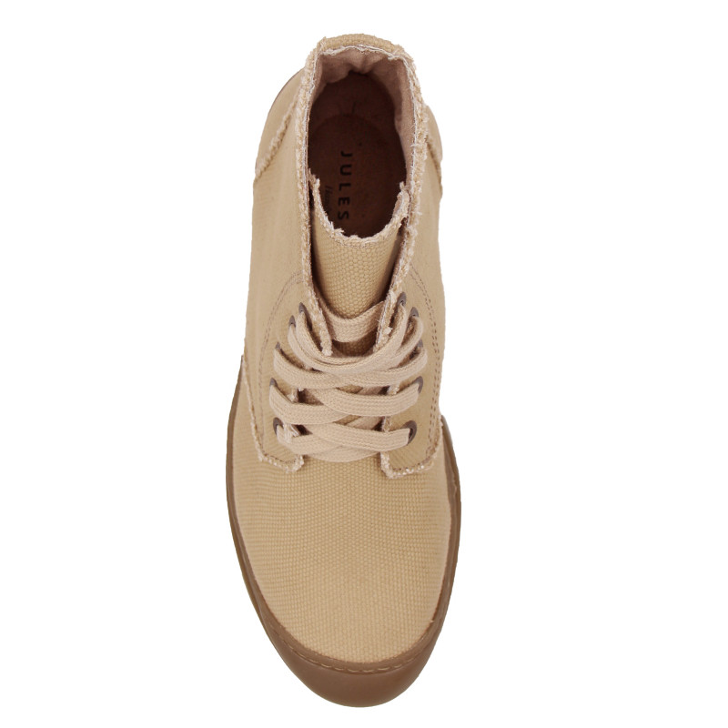 vue dessus bottines a lacet crantees toile recyclee camel jules & jenn