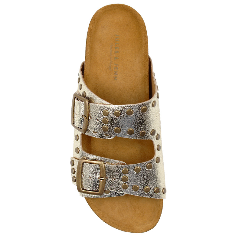 vue dessus mules liege clous cuir metallise dore jules & jenn