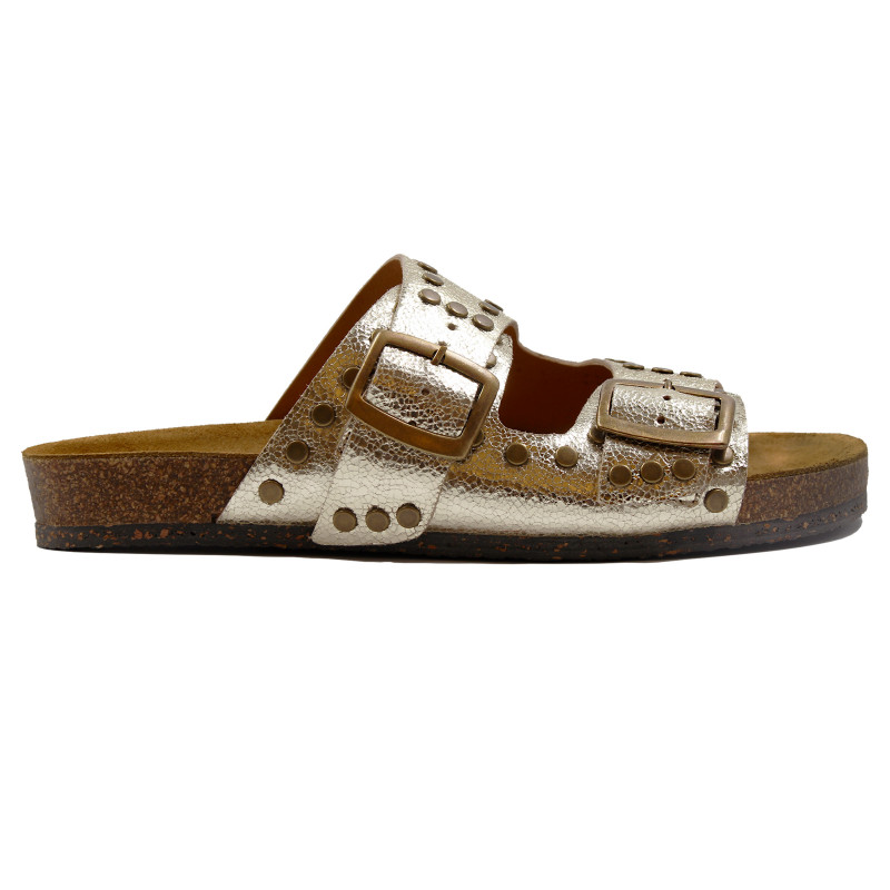 vue profil mules liege clous cuir metallise dore jules & jenn