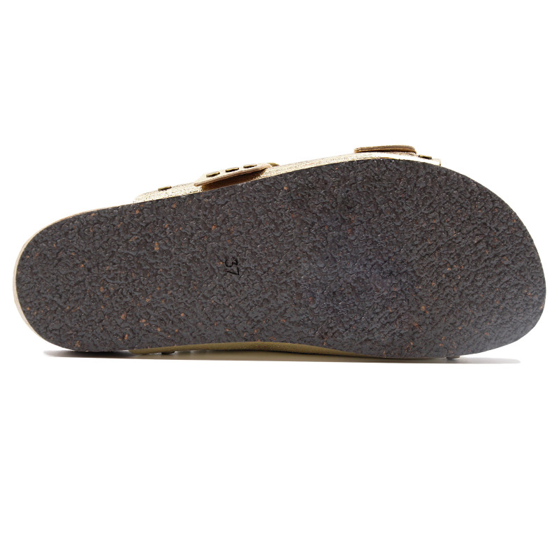 vue dessous mules liege clous cuir metallise dore jules & jenn