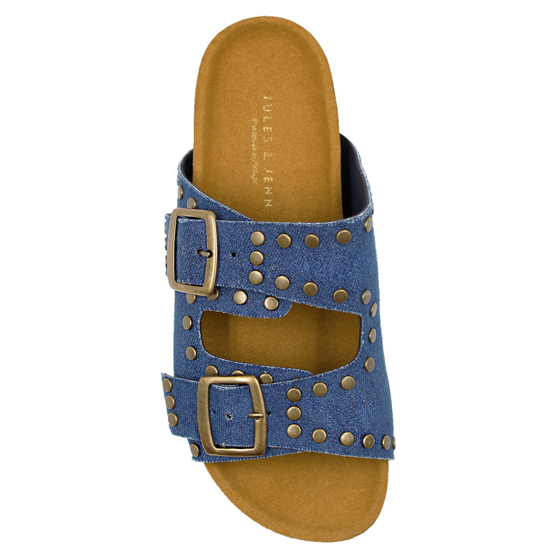vue dessus mules liege clous toile jean bleu denim jules & jenn