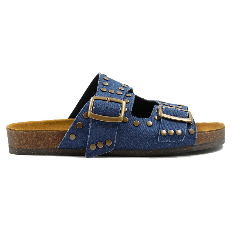 vue profil mules liege clous toile jean bleu denim jules & jenn
