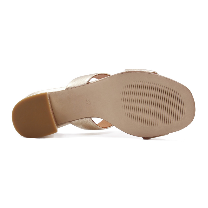 vue dessous mules talon bandeau cuir metallise dore jules & jenn