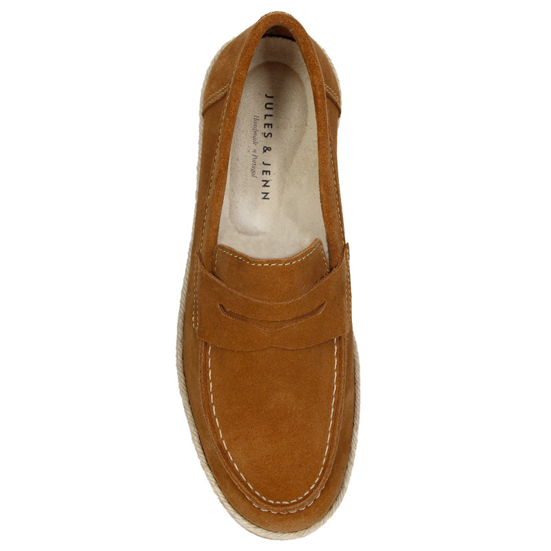 vue dessus mocassins espadrille cuir daim cognac jules & jenn