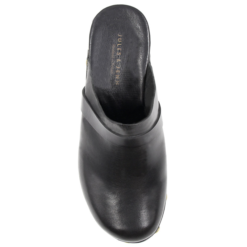 vue dessus sabots bois clous cuir tannage vegetal noir jules & jenn