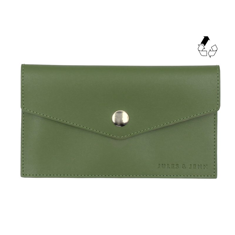 pochette enveloppe cuir upcycle kaki jules & jenn