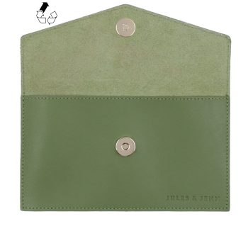 vue dessus pochette enveloppe cuir upcycle kaki jules & jenn