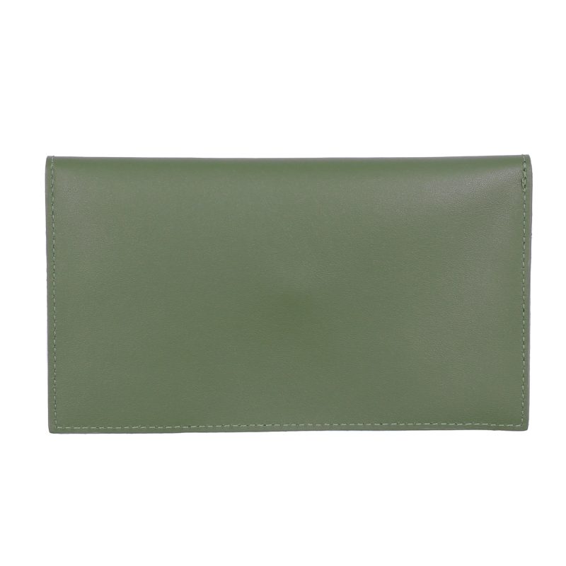 vue derriere pochette enveloppe cuir upcycle kaki jules & jenn