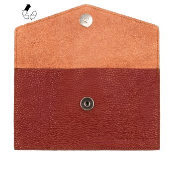vue dessus pochette enveloppe cuir graine upcycle brique jules & jenn