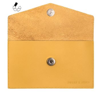 vue dessus pochette enveloppe cuir upcycle moutarde jules & jenn