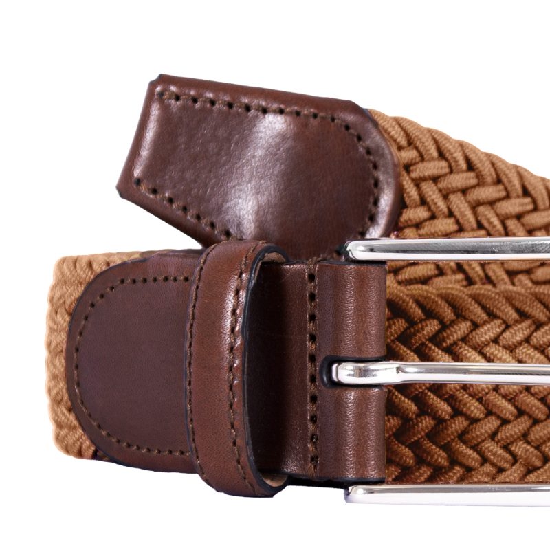 gros plan ceinture tressee homme polyester et cuir cognac jules & jenn